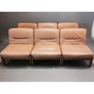 Vintage Set of 6 Scandinavian modular armchairs in teak and leather, 1960