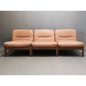 Vintage Set of 6 Scandinavian modular armchairs in teak and leather, 1960