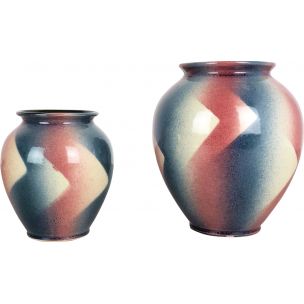 Vintage set of 2 Op Art Spritzdekor Bauhaus vases by Bay Ceramics, Germany, 1950