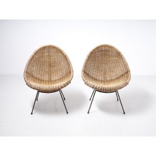 Vintage pair of rattan ’basket’armchairs, Italy 1950s