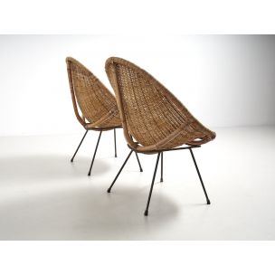 Vintage pair of rattan ’basket’armchairs, Italy 1950s