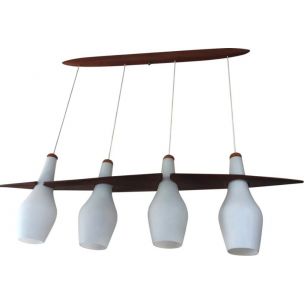 Vintage Rispal chandelier in teak and opaline, 1960