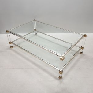 Vintage lucite & gilt metal 2-tier coffee table by Pierre Vandel, 1980s