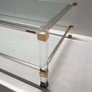 Vintage lucite & gilt metal 2-tier coffee table by Pierre Vandel, 1980s