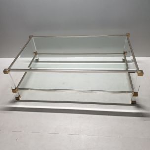 Vintage lucite & gilt metal 2-tier coffee table by Pierre Vandel, 1980s