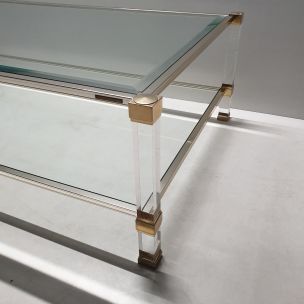 Table basse vintage en lucite et métal doré par Pierre Vandel, 1980