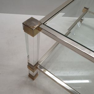 Vintage lucite & gilt metal 2-tier coffee table by Pierre Vandel, 1980s