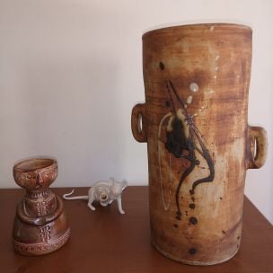 Vase vintage marron et beige en céramique, Colombe, France, 1960