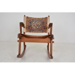 Vintage rocking chair in wood and leather by Angel Pazmino