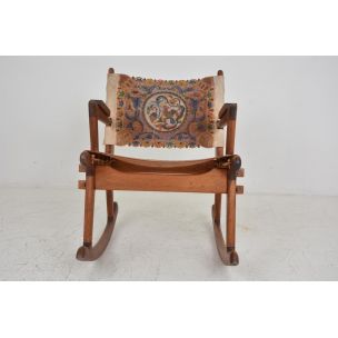 Vintage rocking chair in wood and leather by Angel Pazmino