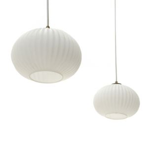 Set of 2 vintage opaline glass pendant lamps, Italy, 1950s