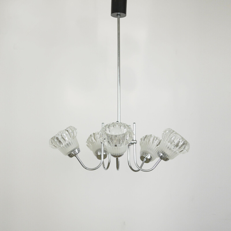 Vintage chandelier 5 lights in chrome glass Italy 1950