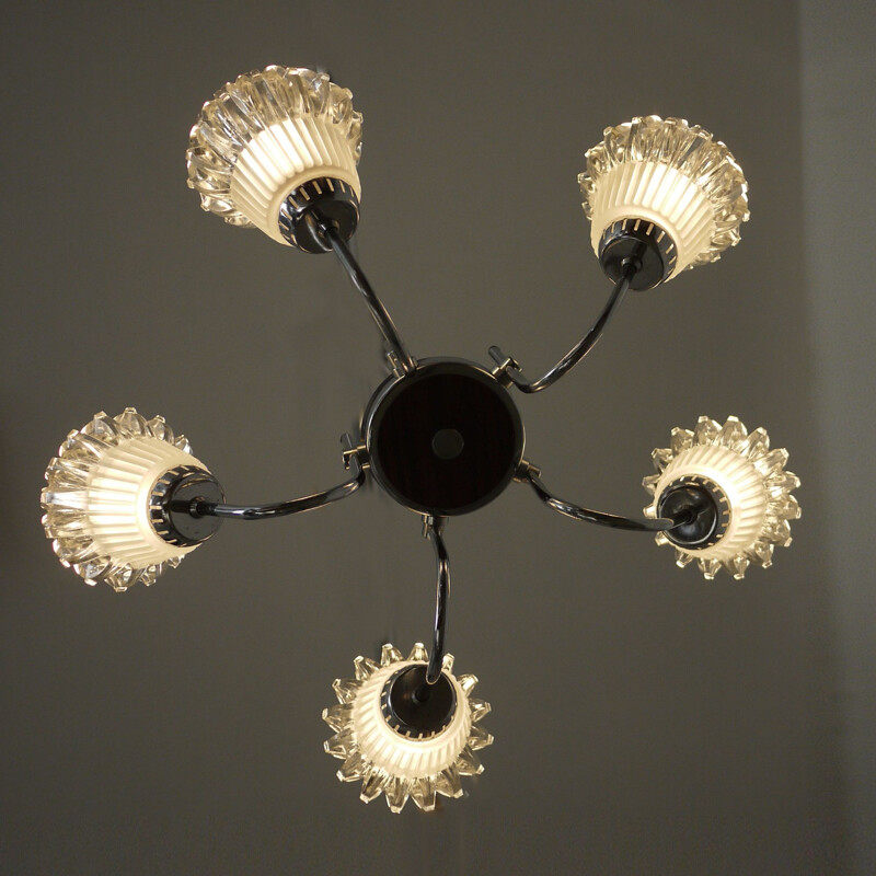 Vintage chandelier 5 lights in chrome glass Italy 1950