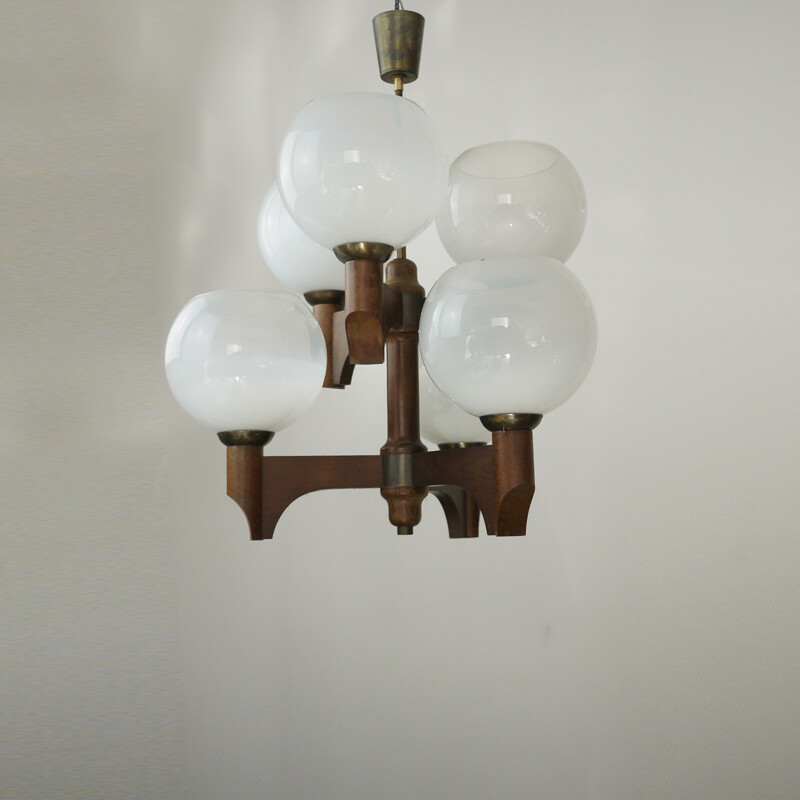 Vintage wooden chandelier 5 lights Czech Style 1970 