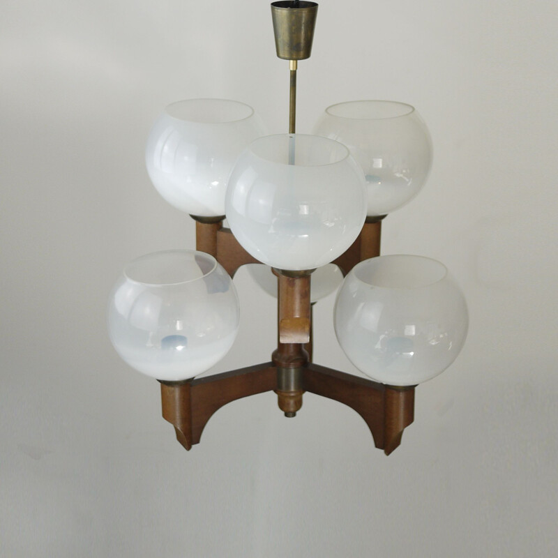 Vintage wooden chandelier 5 lights Czech Style 1970 