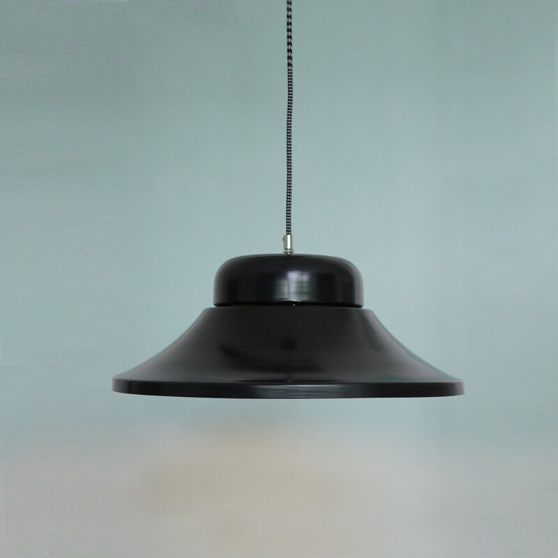 Zwarte industriële messing hanglamp 1950