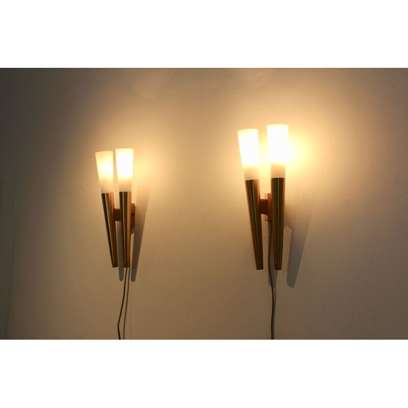 Pair of vintage Italian Brass & Opaline Glass Sconces, Italy 1970