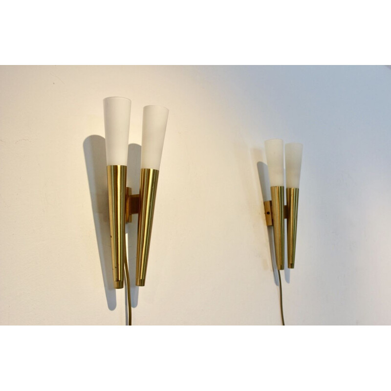 Pair of vintage Italian Brass & Opaline Glass Sconces, Italy 1970