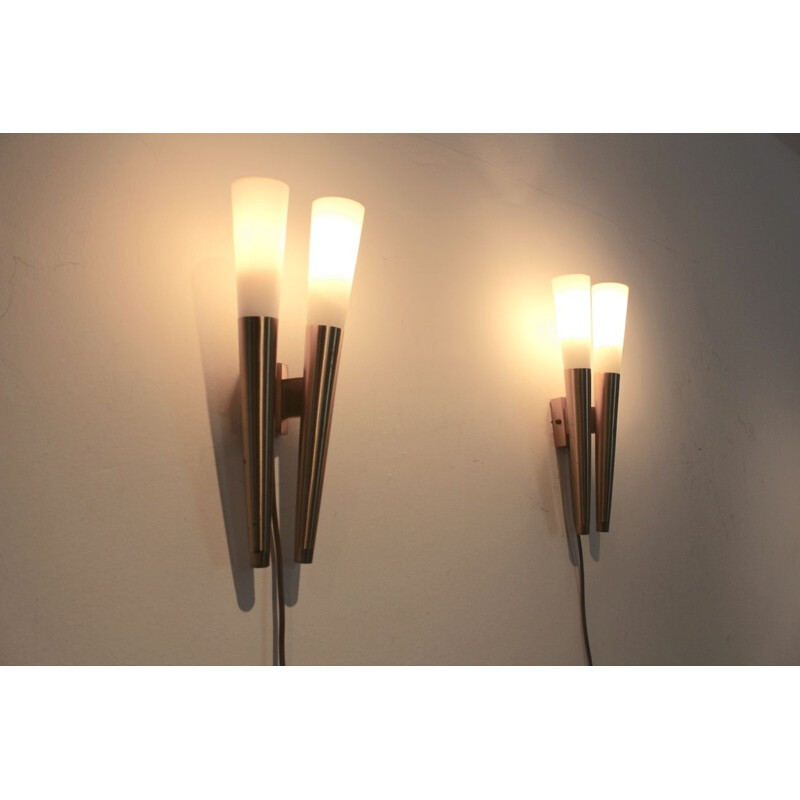 Pair of vintage Italian Brass & Opaline Glass Sconces, Italy 1970