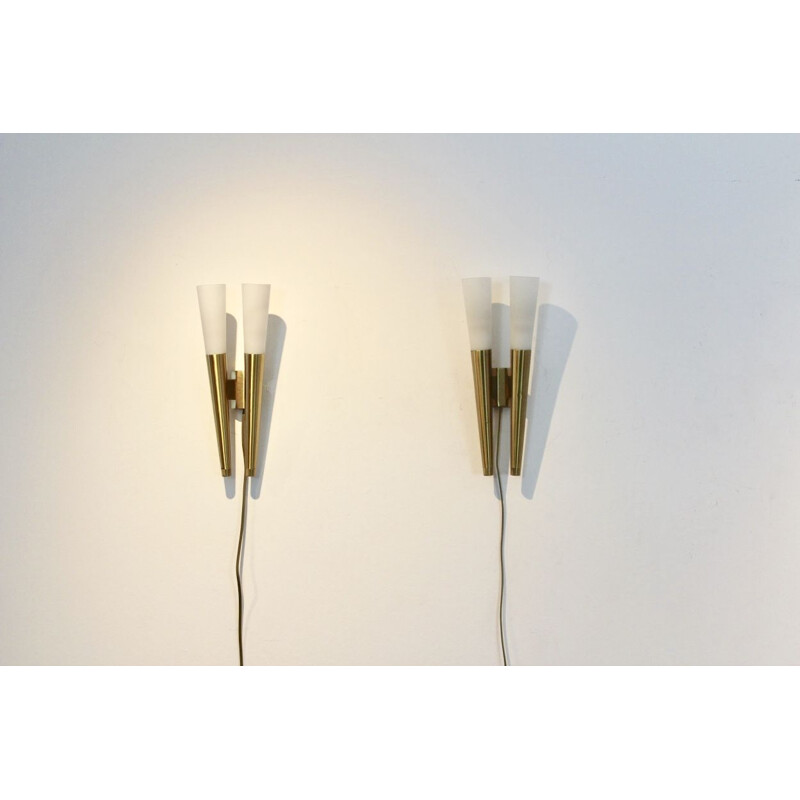 Pair of vintage Italian Brass & Opaline Glass Sconces, Italy 1970