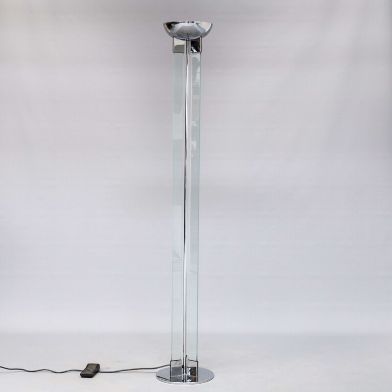 Vintage halogen chrome plated and glass floorlamp 1980