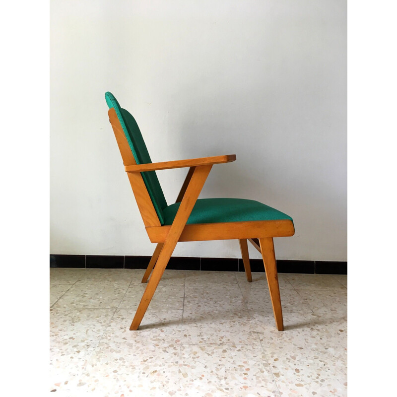 Fauteuil vintage en bois et vinyle vert avec pieds compas, 1950