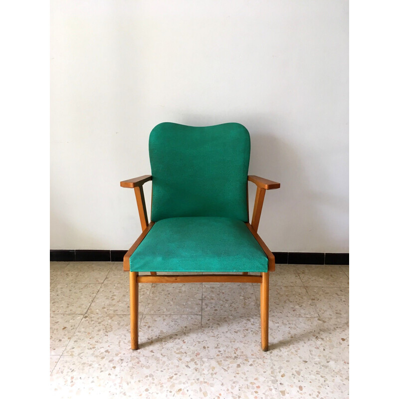 Vintage wooden and green vinyl armchair with compass feet, 1950