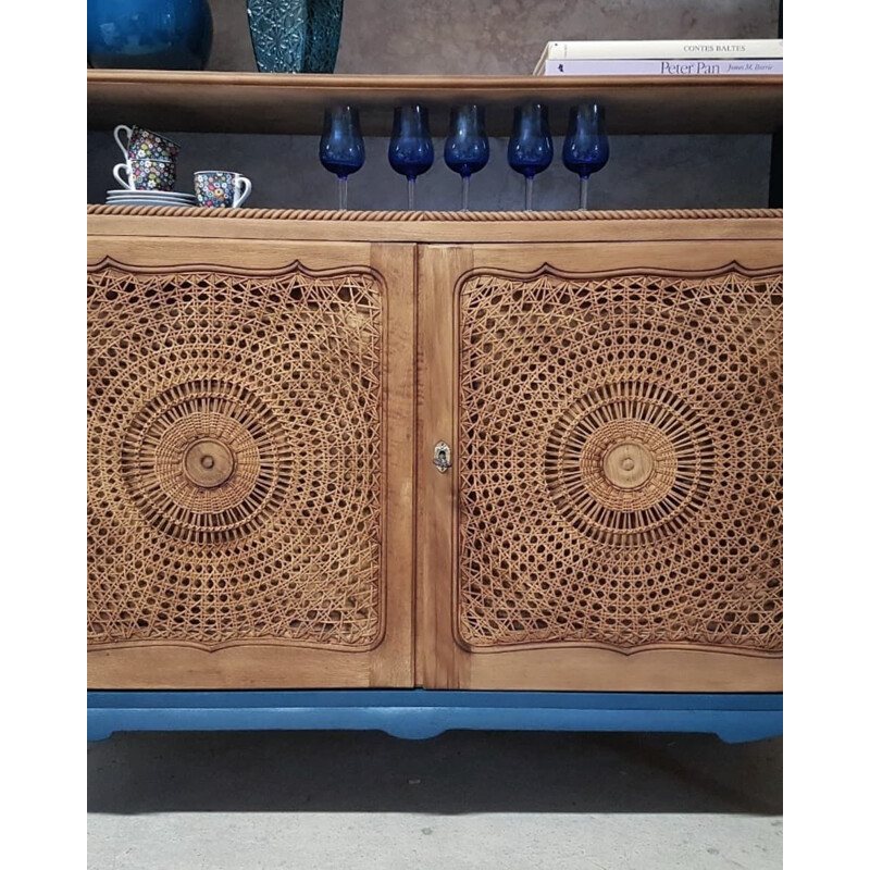 Vintage buffet in oil blue wood and can doors