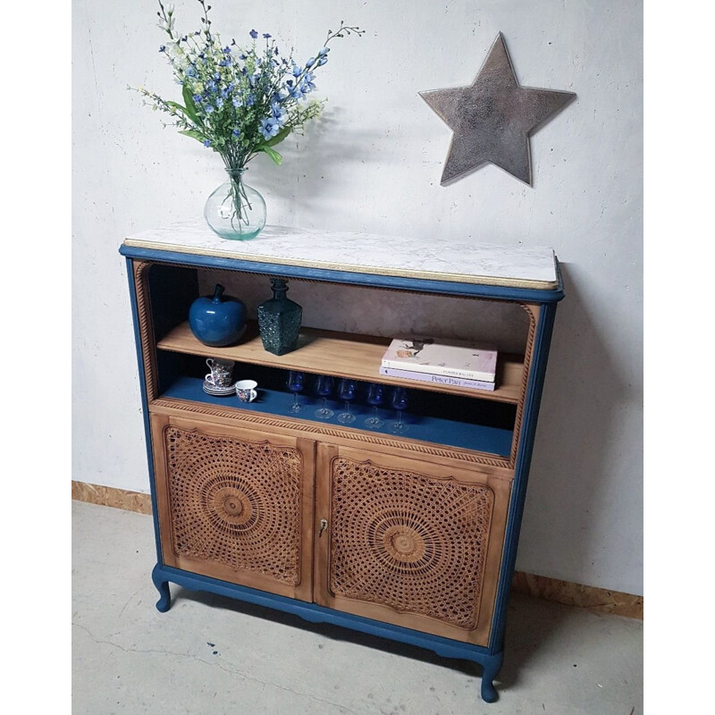 Buffet vintage en bois bleu pétrole et portes cannées