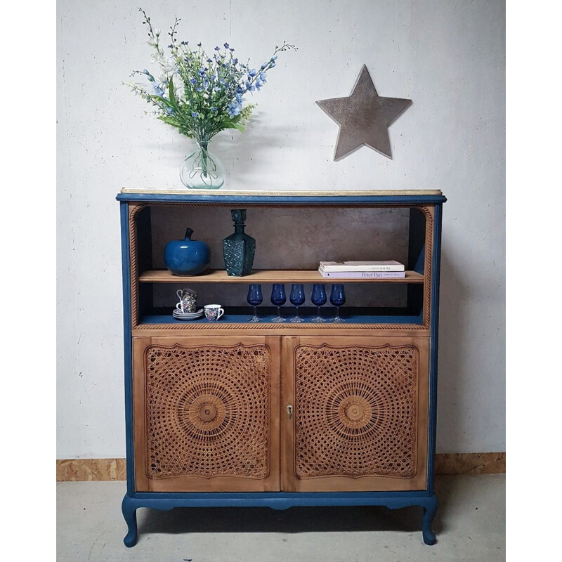 Vintage buffet in oil blue wood and can doors