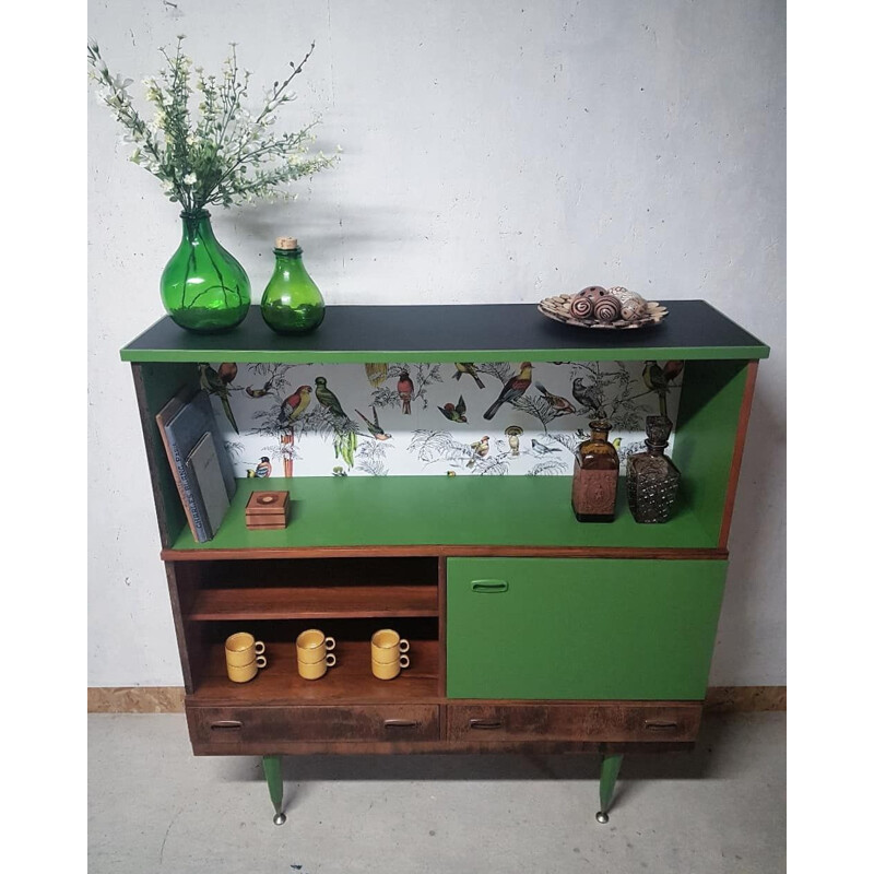 Buffet vintage en bois, vert et motifs oiseaux