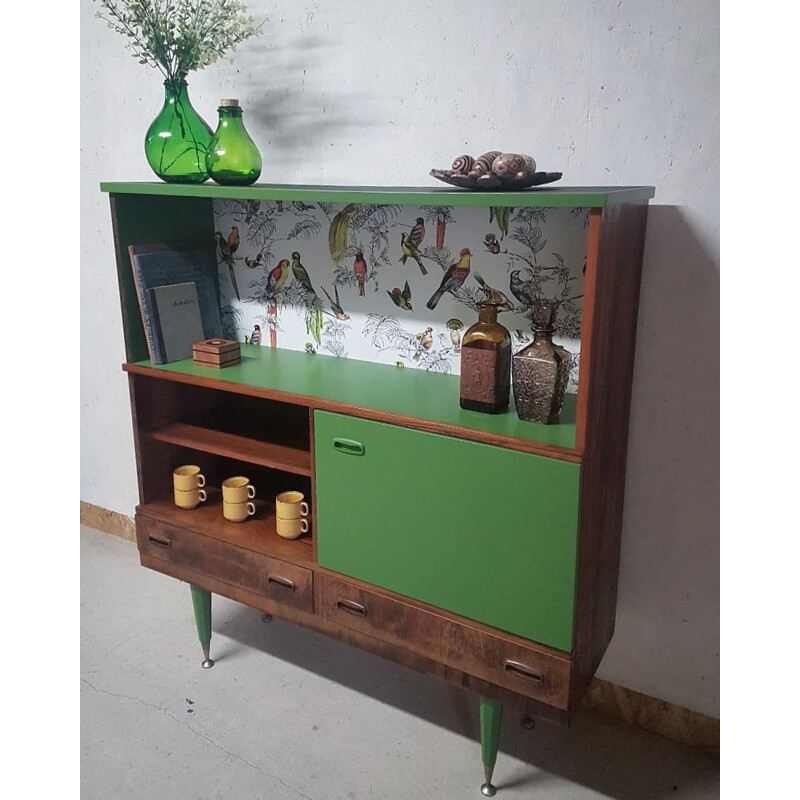 Vintage buffet in wood, green and bird motifs