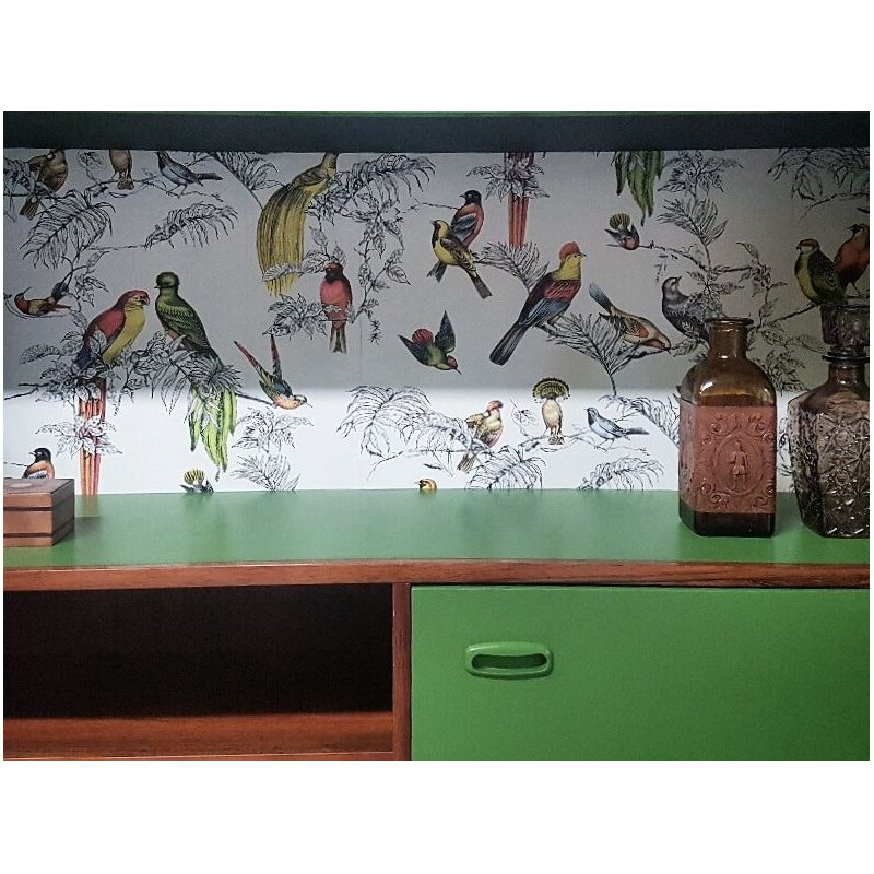 Buffet vintage en bois, vert et motifs oiseaux
