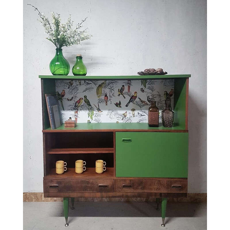 Vintage buffet in wood, green and bird motifs