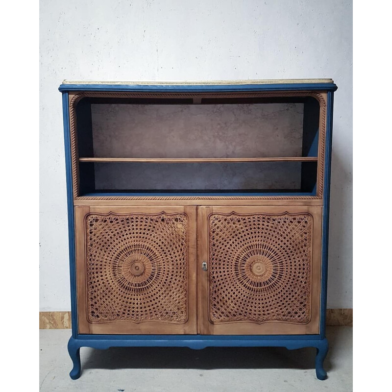 Buffet vintage en bois bleu pétrole et portes cannées