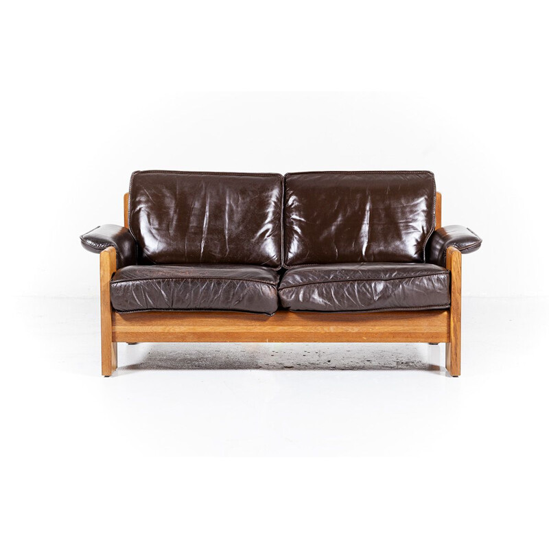 Set of 2 vintage oak and leather 2-seater sofas by Harry de Groot from Leolux, 1970s