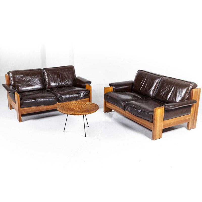 Set of 2 vintage oak and leather 2-seater sofas by Harry de Groot from Leolux, 1970s
