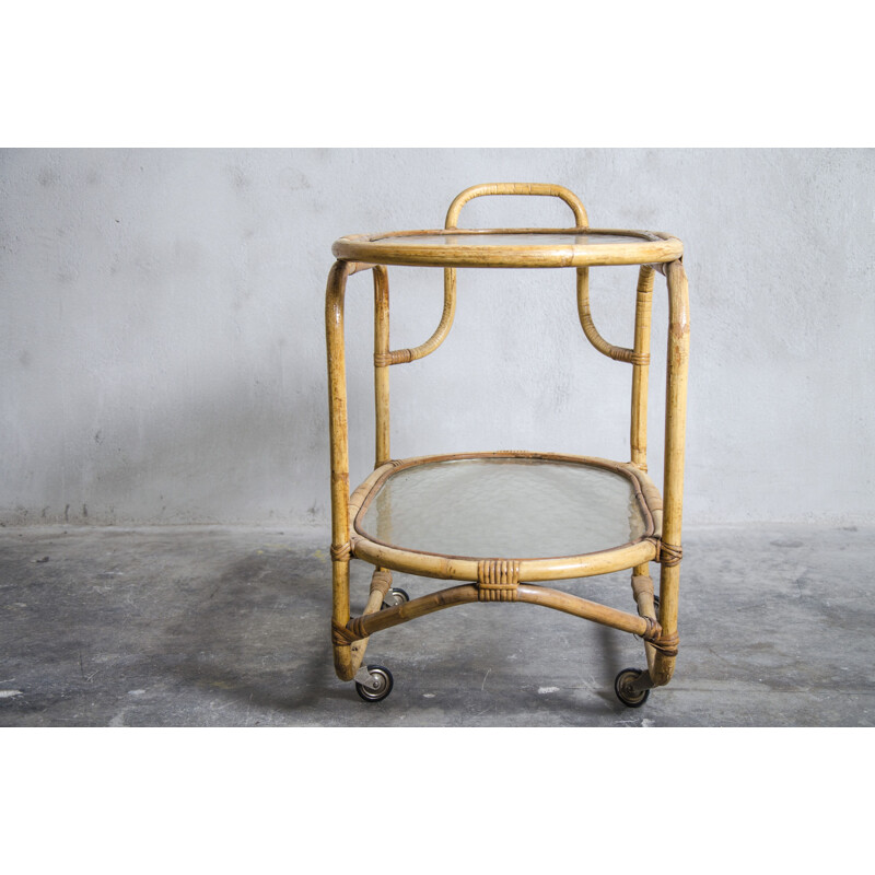 Rattan and glass vintage serving trolley by Rohé Noordwolde, 1960