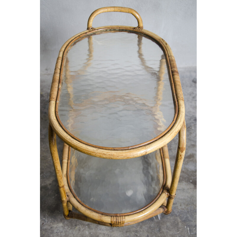 Rattan and glass vintage serving trolley by Rohé Noordwolde, 1960