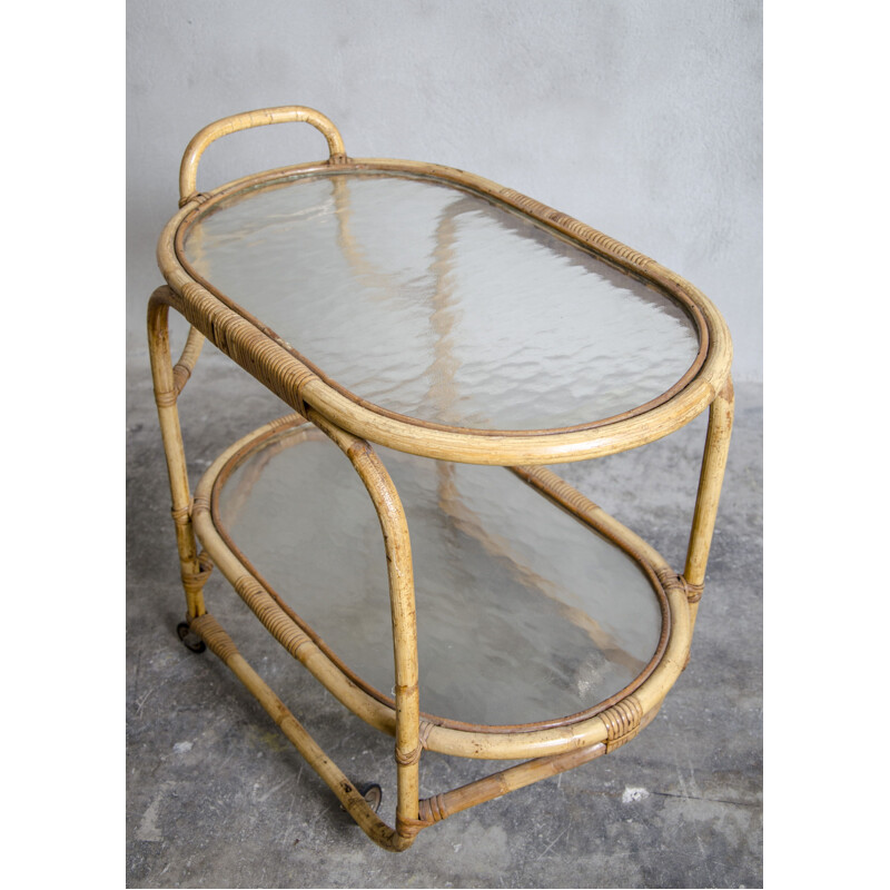 Rattan and glass vintage serving trolley by Rohé Noordwolde, 1960