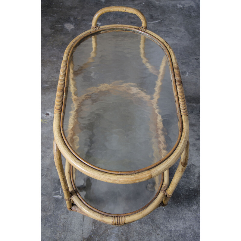 Rattan and glass vintage serving trolley by Rohé Noordwolde, 1960