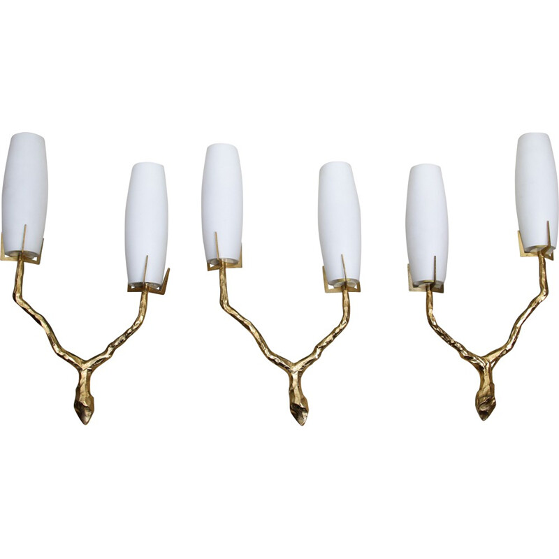 Set of 3 Maison Arlus wall lamps in bronze and opaline - 1960s