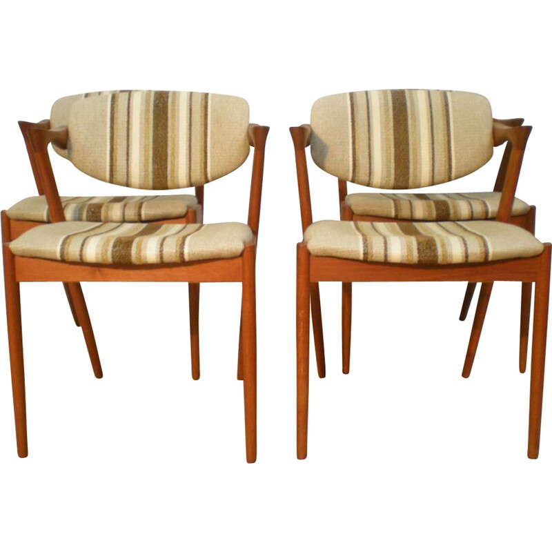 Pair of 4 chairs in teak and fabric, Kai KRISTIANSEN - 1950
