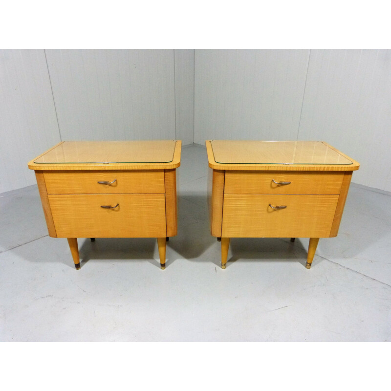 Set of 2 vintage glass and wood night tables, 1950