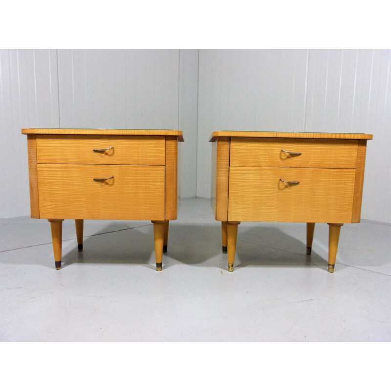 Set of 2 vintage glass and wood night tables, 1950