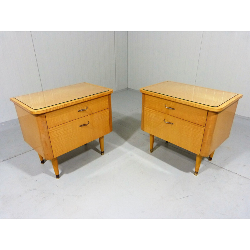 Set of 2 vintage glass and wood night tables, 1950