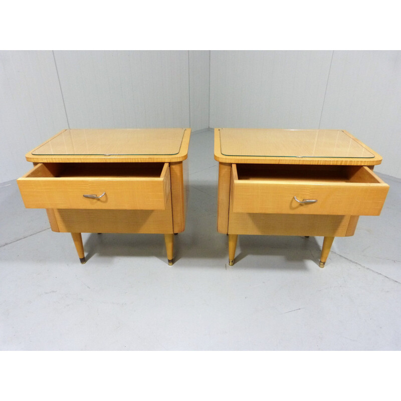 Set of 2 vintage glass and wood night tables, 1950