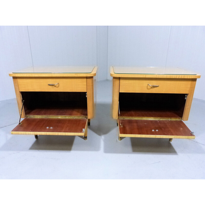 Set of 2 vintage glass and wood night tables, 1950