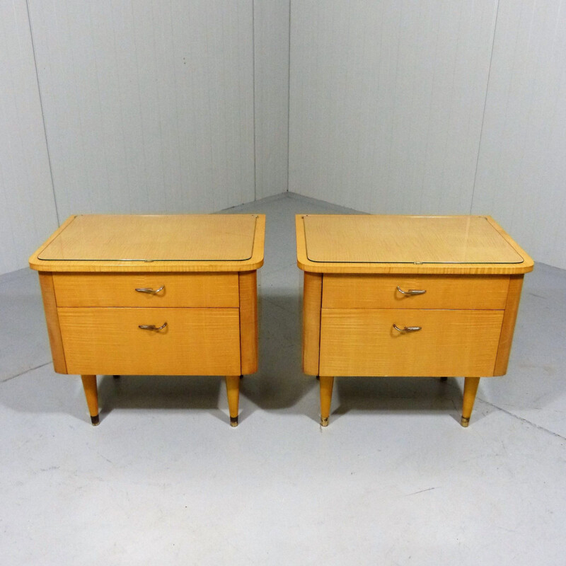 Set of 2 vintage glass and wood night tables, 1950