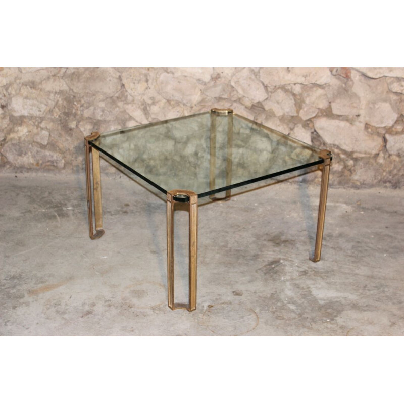 Vintage square coffee table in glass and brass by Peter Ghyzcy, 1970s